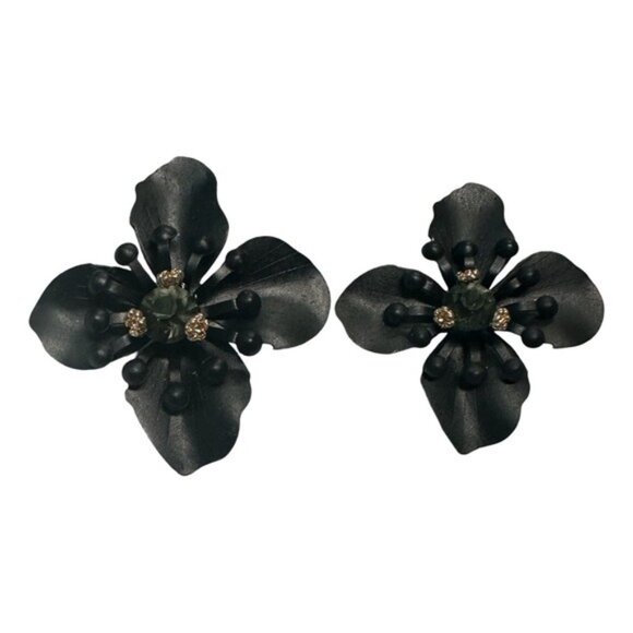 Black Flower Statement Earrings With Rhinestone Center - Picture 3 of 4